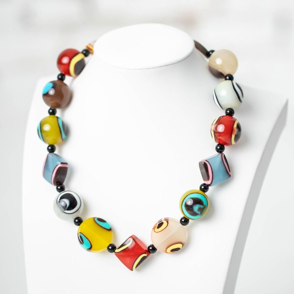 Artisan Lampwork Plastic Bead Necklace Multicolor Chunky Statement Boho Abstract